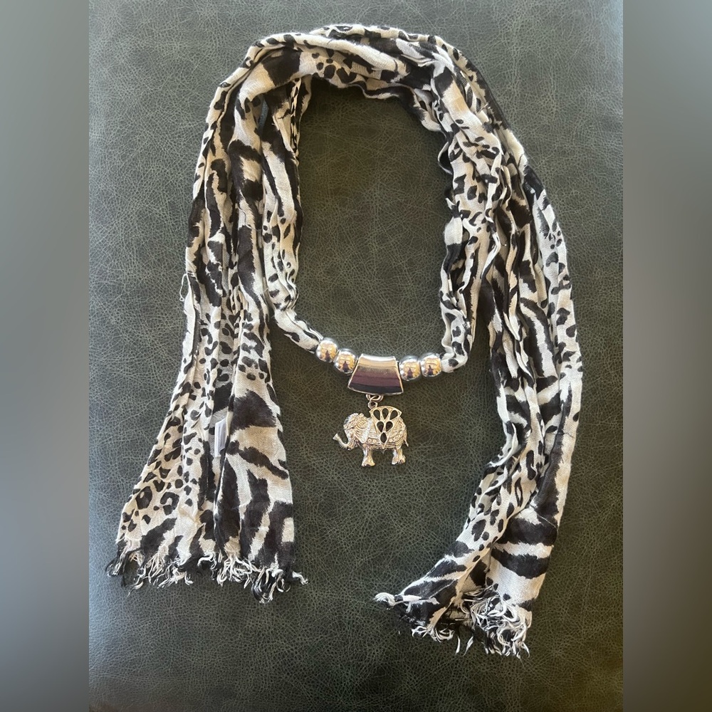 Vintage Scarf with Elephant Charm Black and White